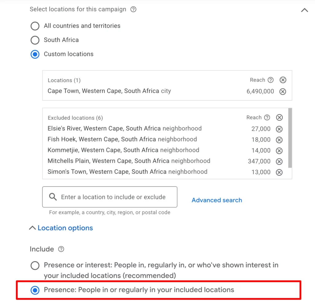 Google Ads campaign settings screen showing location targeting changed from "Presence or interest" to "Presence: People in or regularly in your included locations,".