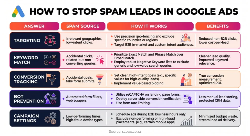 Infographic titled "How to Stop Spam Leads in Google Ads," summarizing five fixes, targeting, keyword match, conversion tracking, bot prevention, and campaign settings, each mapped to its spam source, how it works, and its benefit.